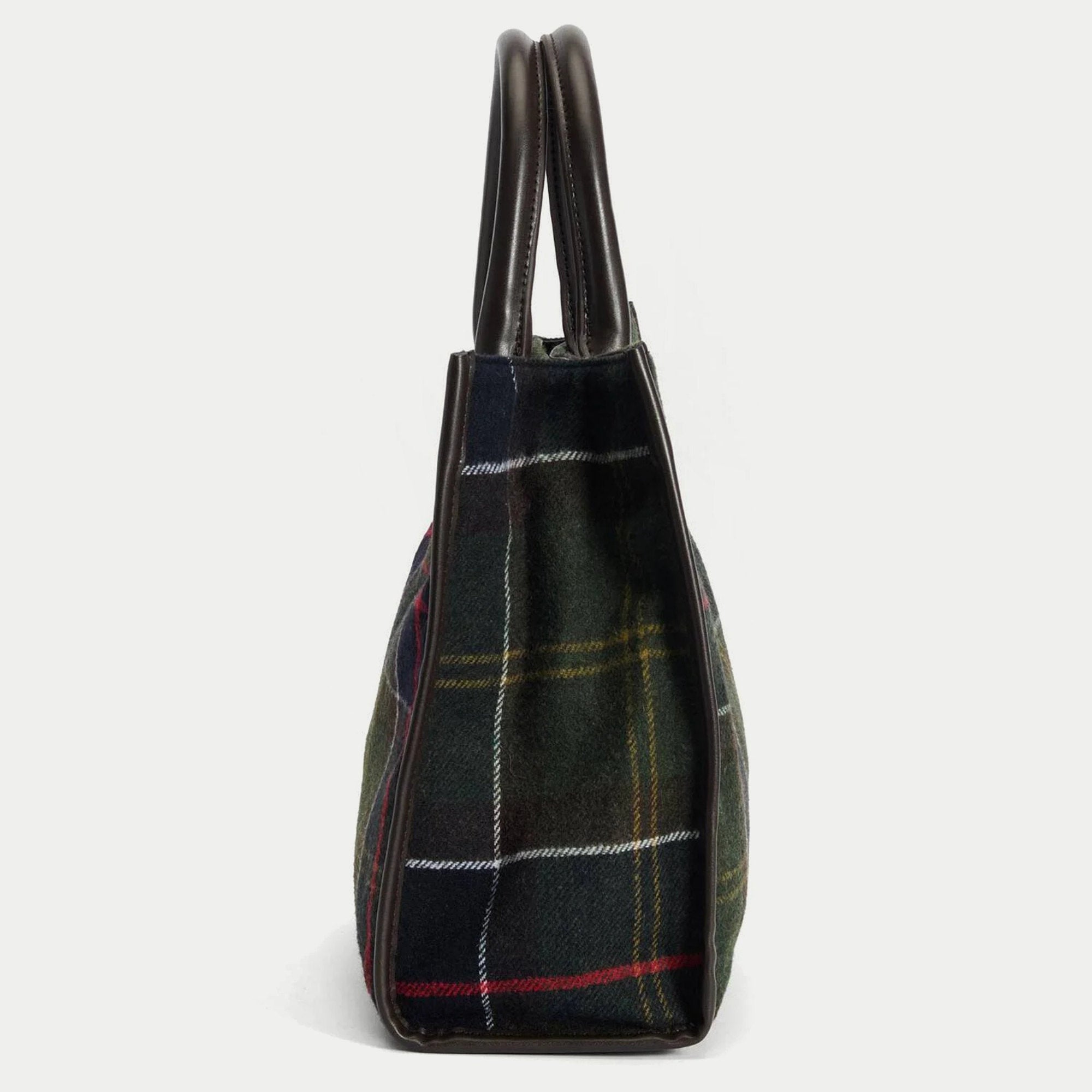 Profil du tote bag Barrhill tartan olive : soufflet étroit, arêtes et base gainées de similicuir brun