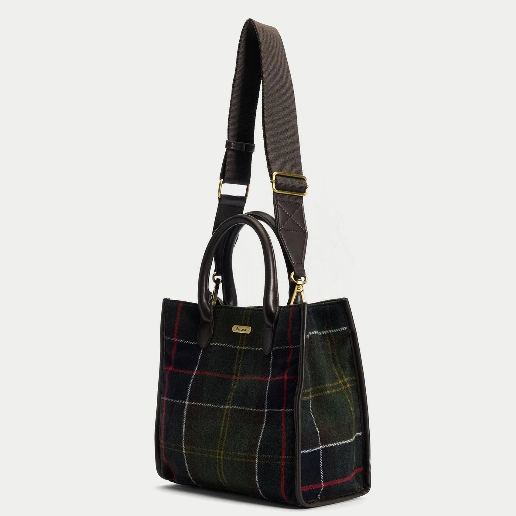 Tote bag Barrhill tartan olive de trois quarts, bandoulière amovible clipsée par ses mousquetons laiton