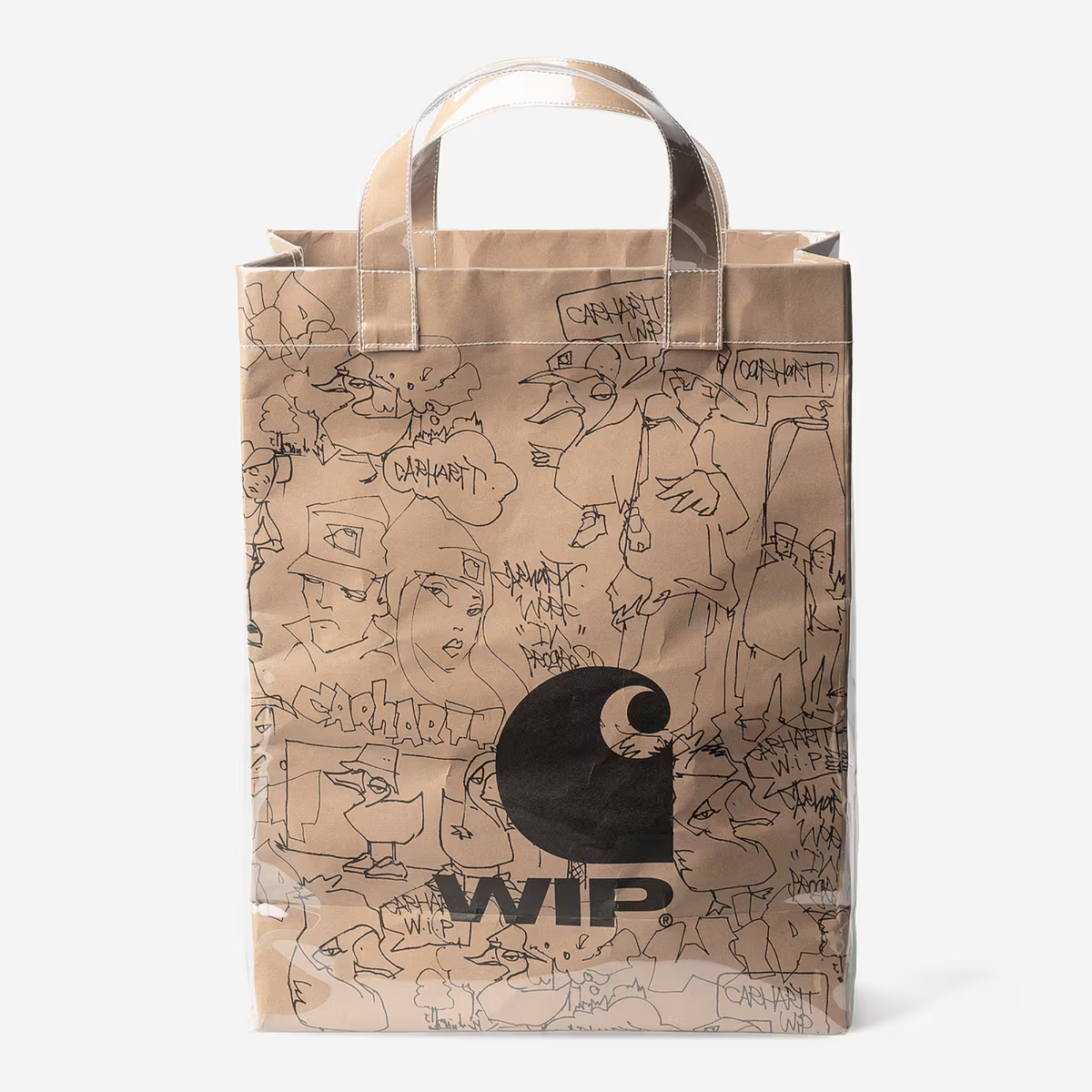 Sac en papier Blinkerfluid Carhartt WIP de face : personnages dessinés, bulles CARHARTT et logo WIP noir sur papier marron
