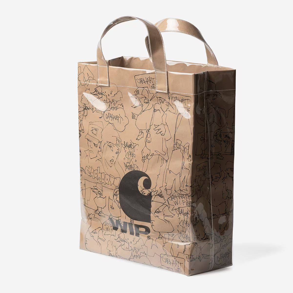 Sac en papier Blinkerfluid marron Carhartt WIP de trois quarts, croquis au trait noir et grand logo C WIP, finition brillante