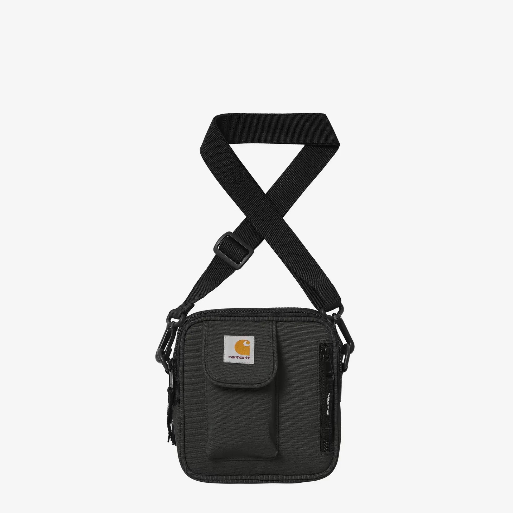 Sacoche Carhartt WIP Essentials Bag anthracite, sangle bandoulière en croix et rabat Velcro à logo Carhartt, vue de face