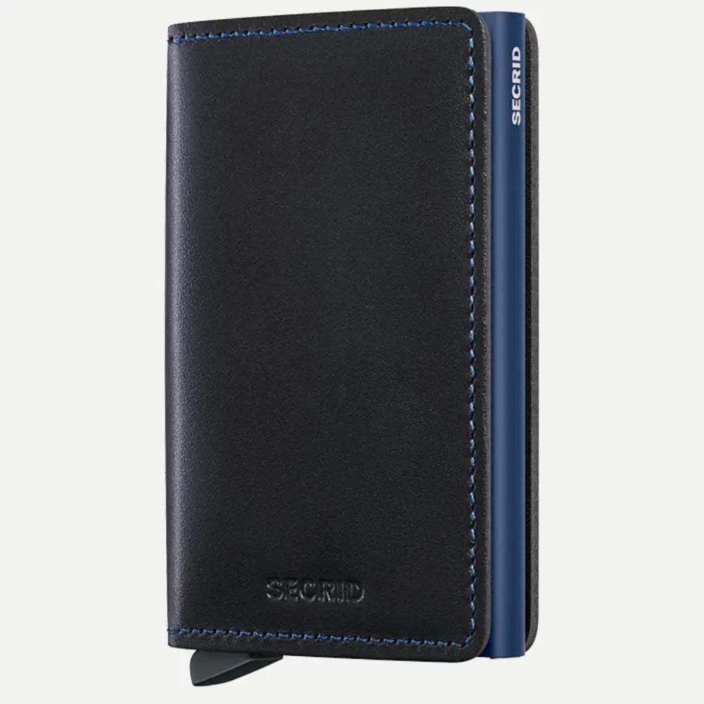 Portefeuille plat en cuir noir à surpiqûres bleues, boîtier bleu marine sur la tranche