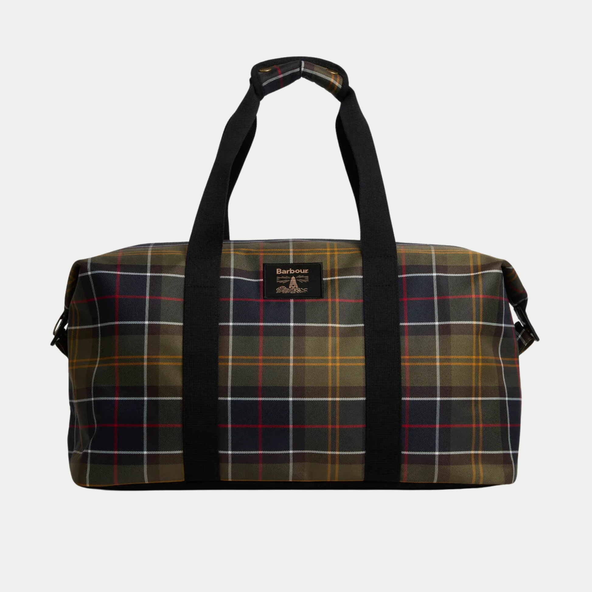 Sac weekend Barbour Torridon en tartan olive, marine et rouge, anses en sangle noire, vu de face