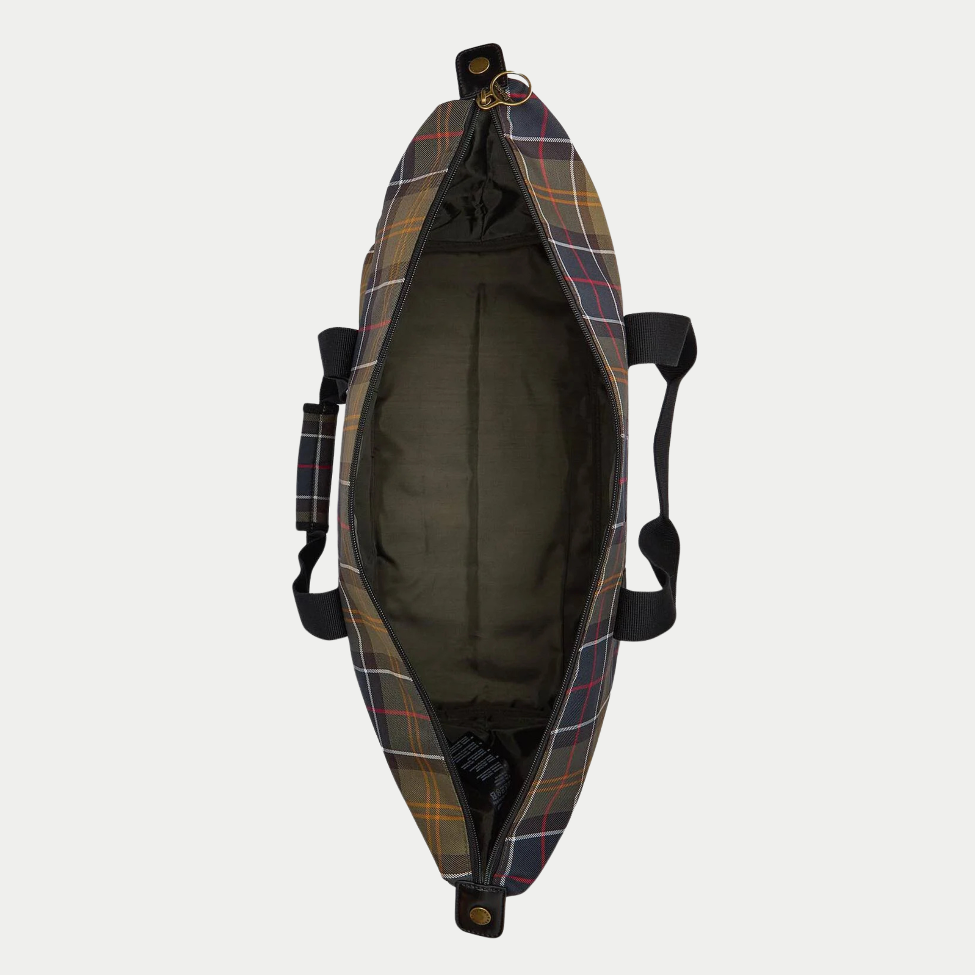 Sac Torridon Barbour vu de dessus, ouverture zippée sur toute la longueur et doublure olive