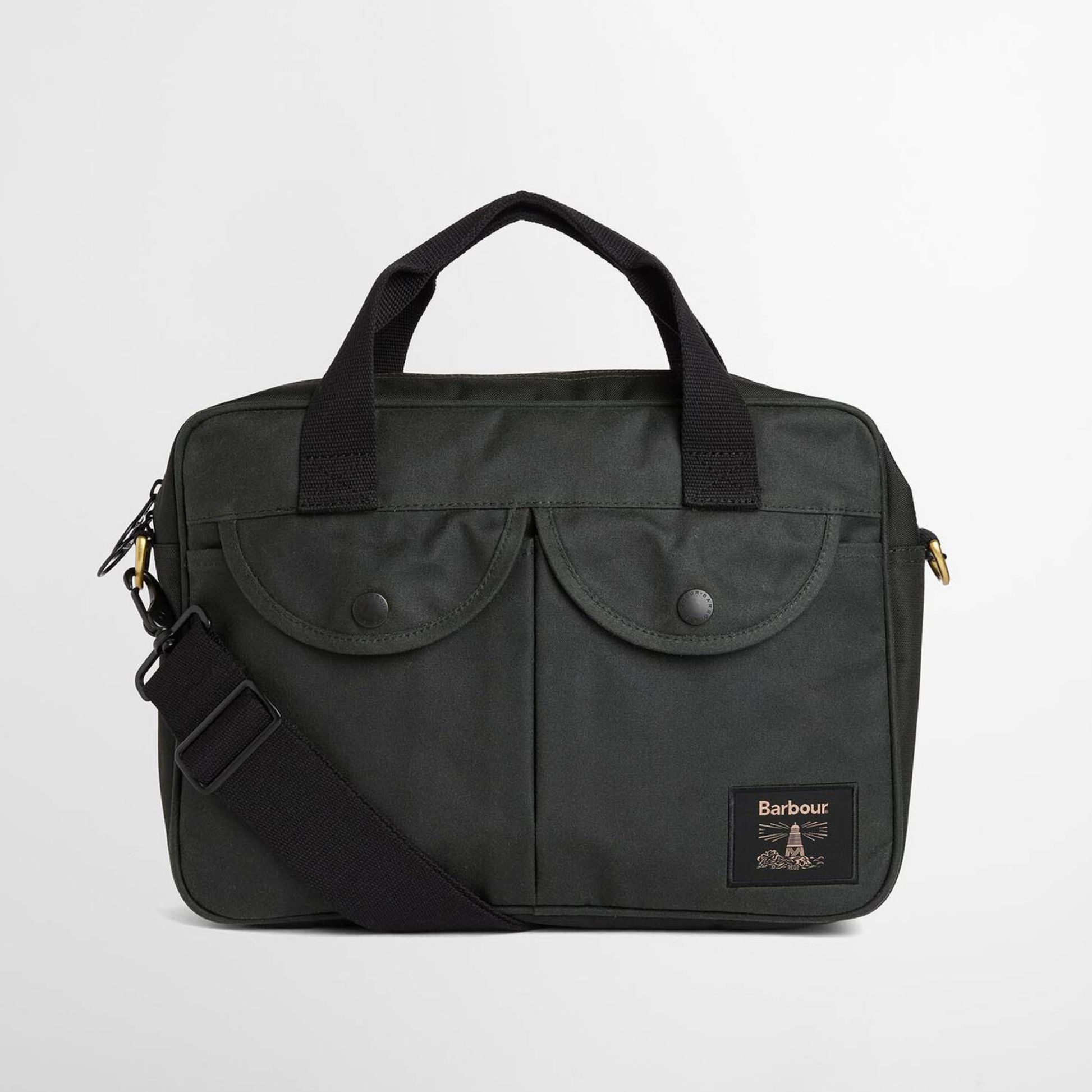 Sacoche ordinateur Barbour Wax Field Sage en coton ciré vert kaki foncé, face avant à deux poches à rabat pressionné