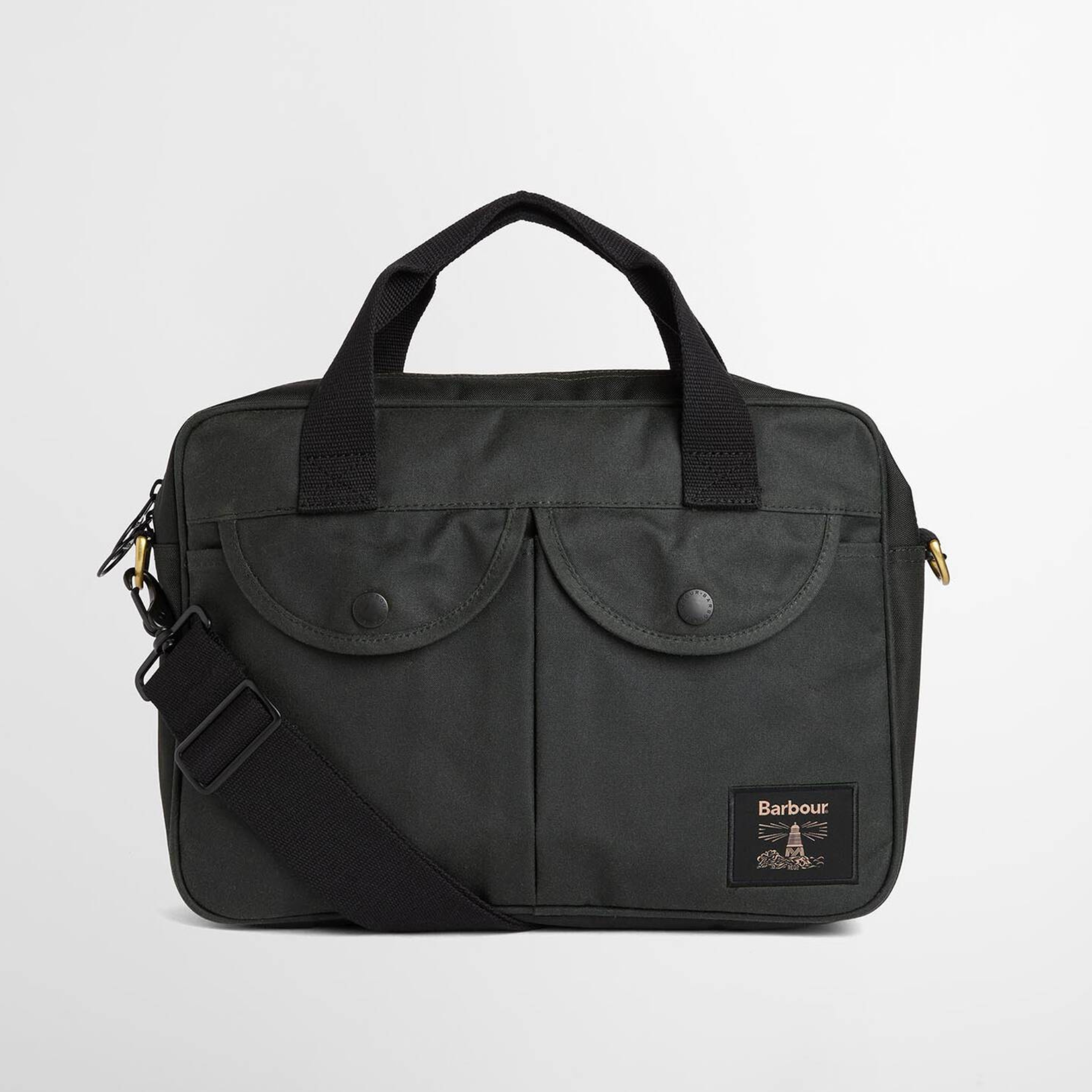 Sacoche ordinateur Barbour Wax Field Sage en coton ciré vert kaki foncé, face avant à deux poches à rabat pressionné