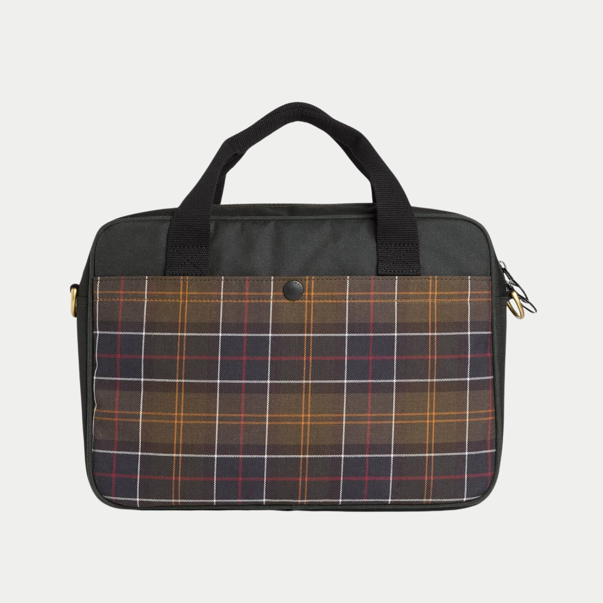 Dos de la sacoche ordinateur Barbour Wax Field Sage, grande poche plaquée en tartan Barbour Classic
