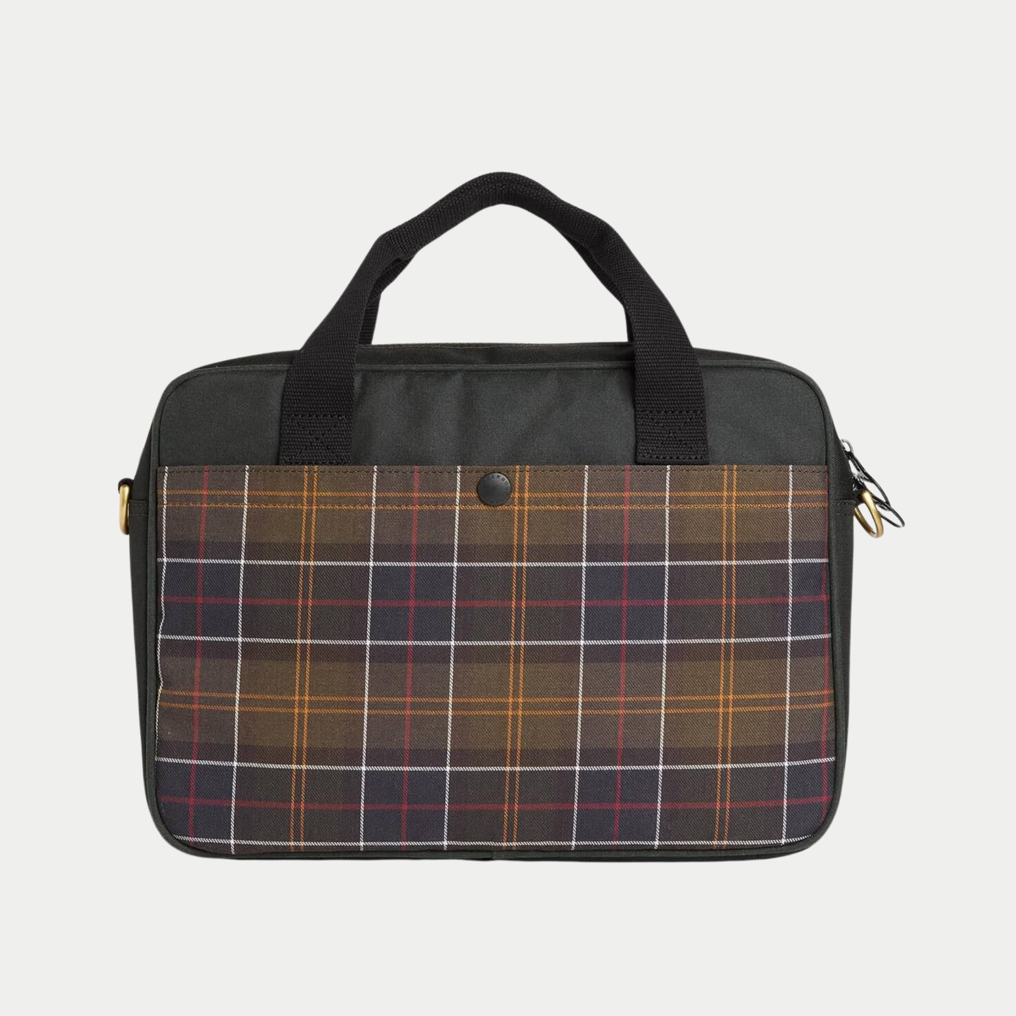 Dos de la sacoche ordinateur Barbour Wax Field Sage, grande poche plaquée en tartan Barbour Classic