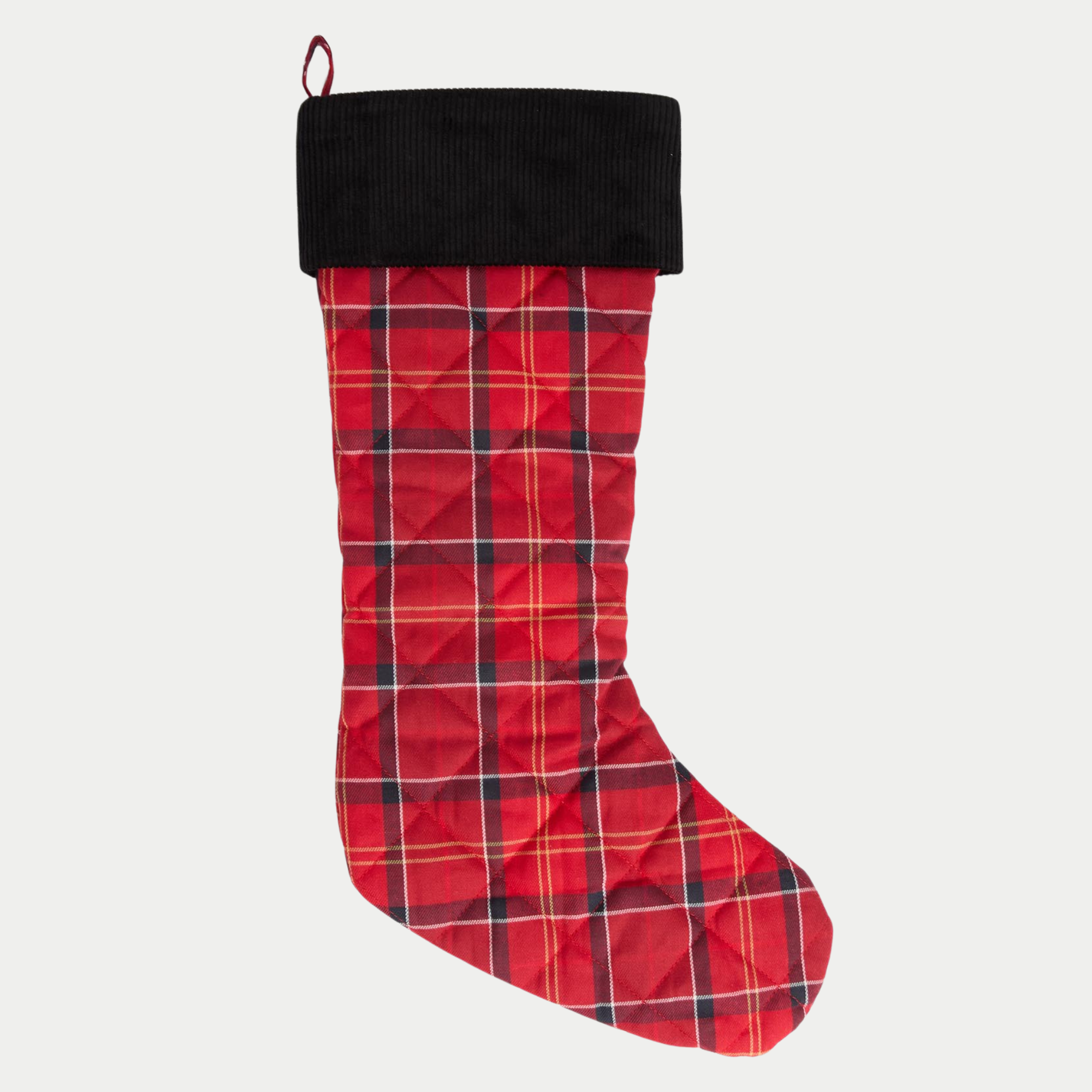 Chaussette de Noël Barbour en tartan rouge vue de dos, boucle d'accroche à gauche et large revers de velours noir