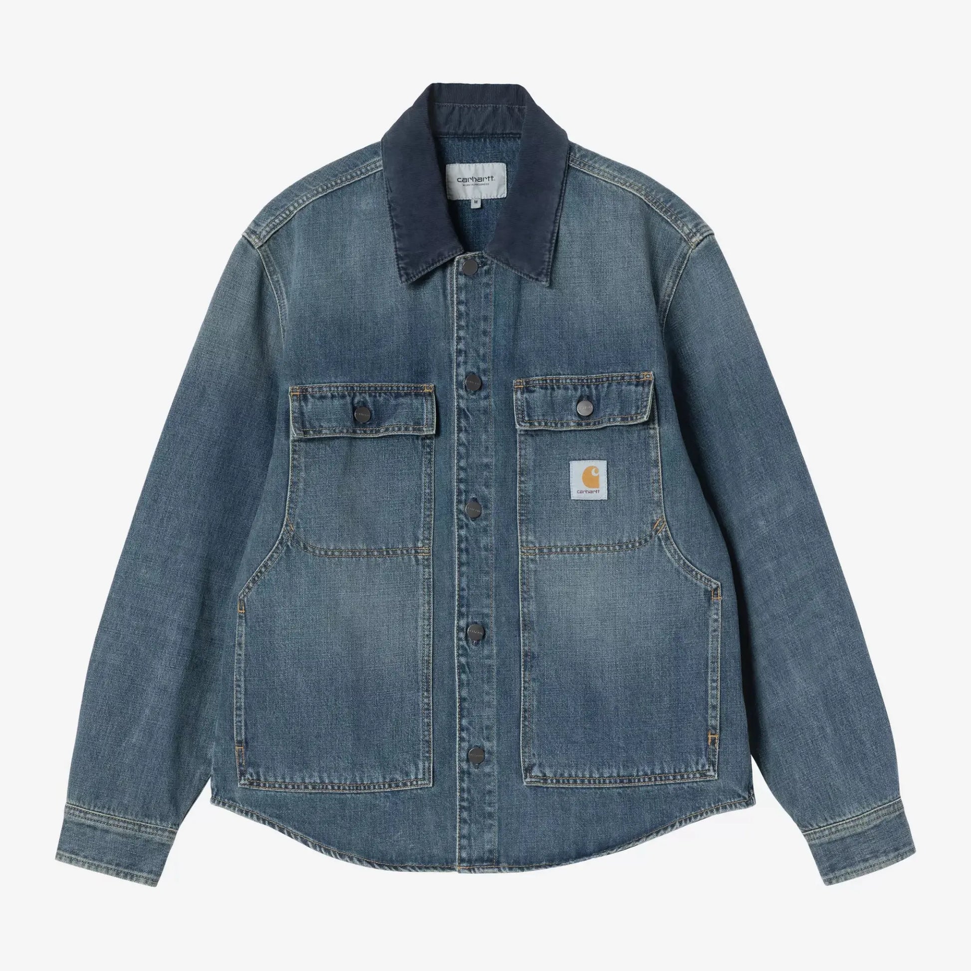 Surchemise Oakland Carhartt WIP en denim Blue Worn Used Wash, col en velours côtelé bleu marine, vue de face boutonnée