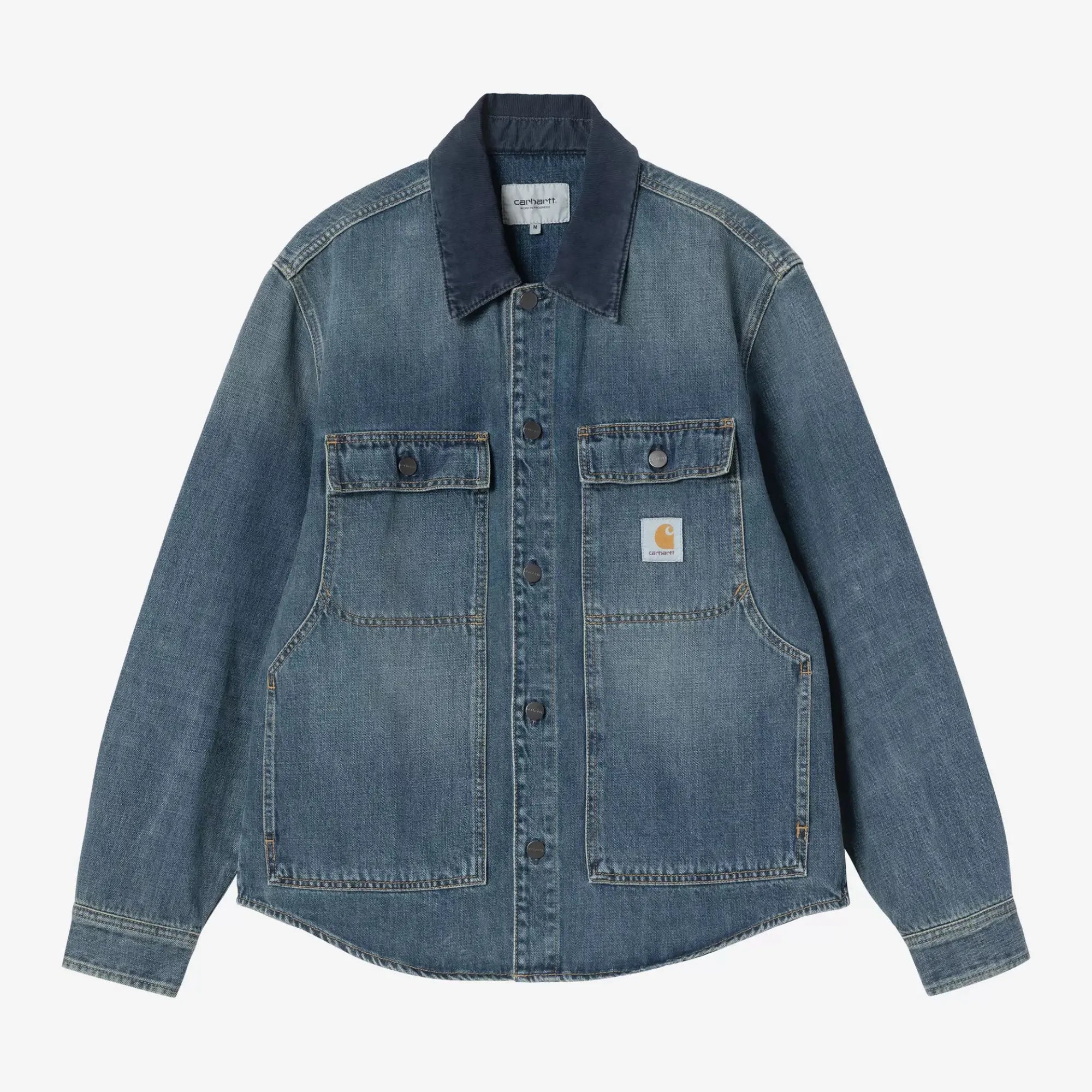 Surchemise Oakland Carhartt WIP en denim Blue Worn Used Wash, col en velours côtelé bleu marine, vue de face boutonnée