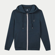 Sweat Mesnil bleu marine zippé à capuche, à plat, poches latérales et zip à anneau