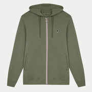 Sweat zippé à capuche vert kaki à plat, zip intégral à ruban tricolore et arbre brodé noir sur la poitrine
