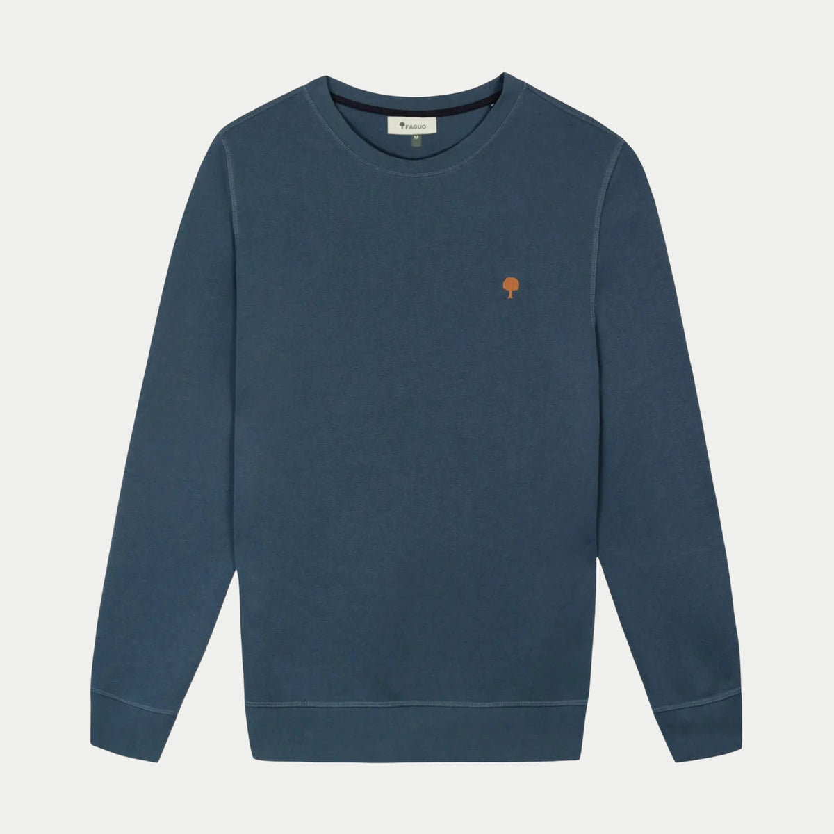 Sweat Donzy bleu à plat, col rond et arbre brodé orange sur la poitrine