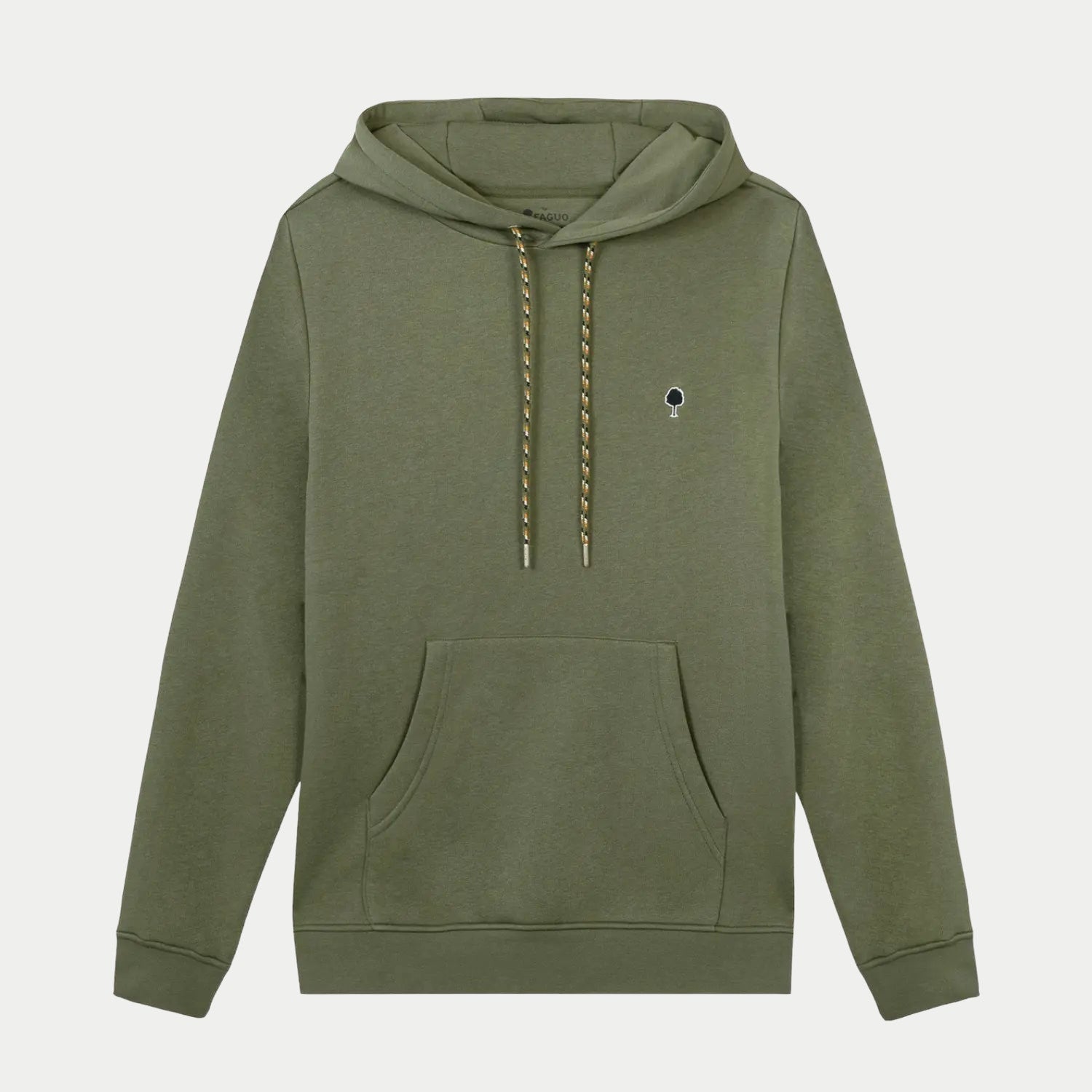 Sweat à capuche Dirac kaki Faguo vu de face à plat : poche kangourou, cordons tressés et petit arbre brodé sur la poitrine