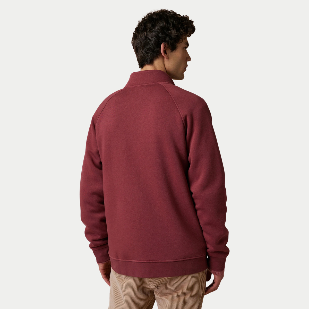 Dos du sweat zippé Horte Bordeaux Faguo porté, empiècements raglan et bas en bord-côte