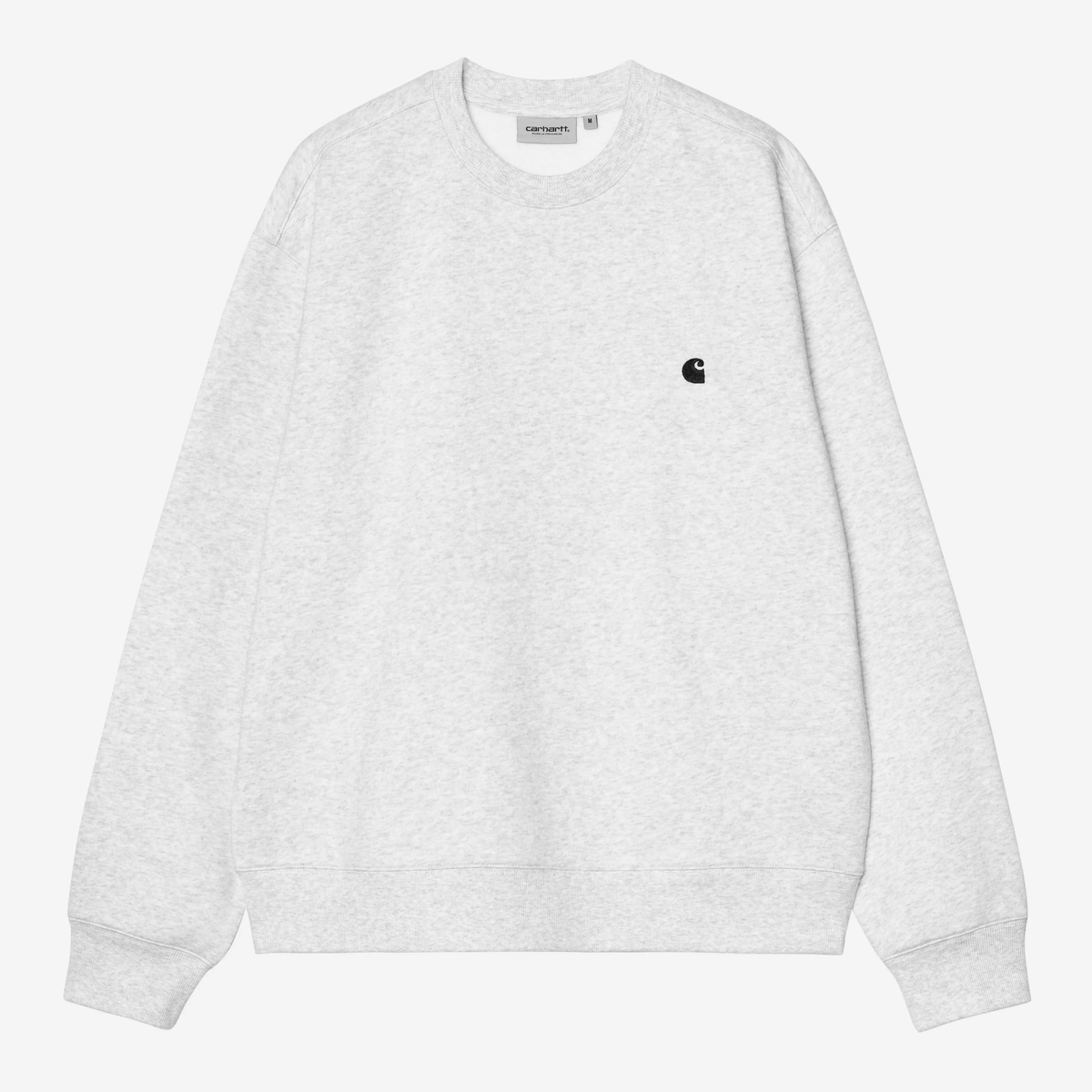 Sweat Mack Carhartt WIP gris chiné clair Ash Heather vu de face à plat, logo C brodé noir sur la poitrine