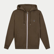 Sweat Mesnil marron zippé à capuche, à plat, zip à anneau bordé de rouge et blanc