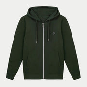 Sweat zippé à capuche vert foncé vu de face, zip argenté sur ruban tricolore et deux poches latérales