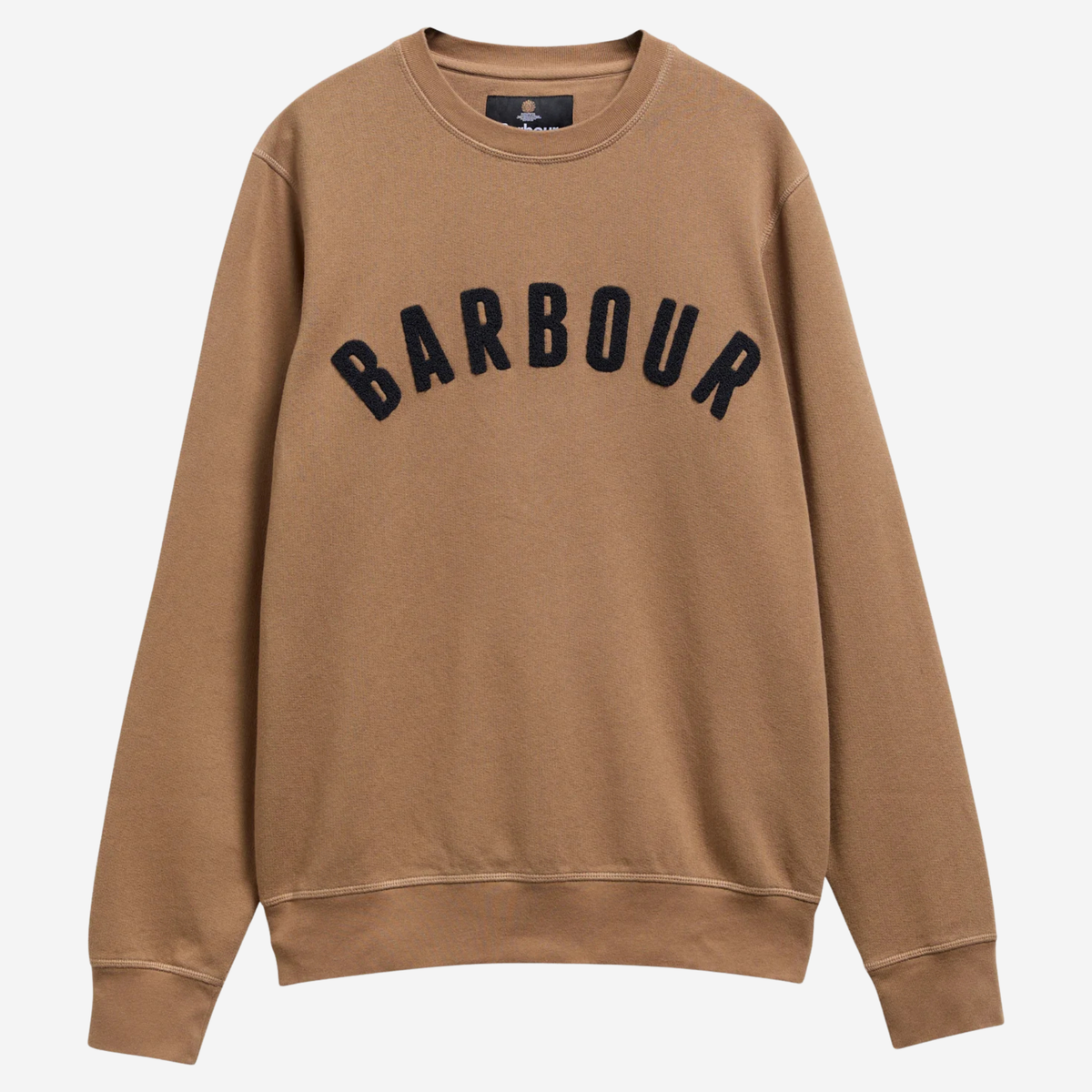 Sweat Barbour Prep Logo camel Sandstone, logo arqué en surpiqûres cornelli sur la poitrine, vue de face à plat