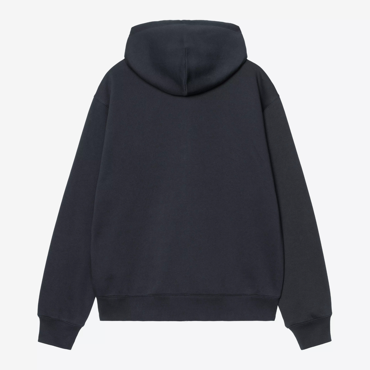 Dos du sweat zippé à capuche Mack Carhartt WIP bleu marine, capuche en molleton et bas de corps côtelé