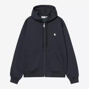 Sweat zippé à capuche Mack Carhartt WIP bleu marine à plat, zip ouvert sur la doublure grattée et logo C écru brodé
