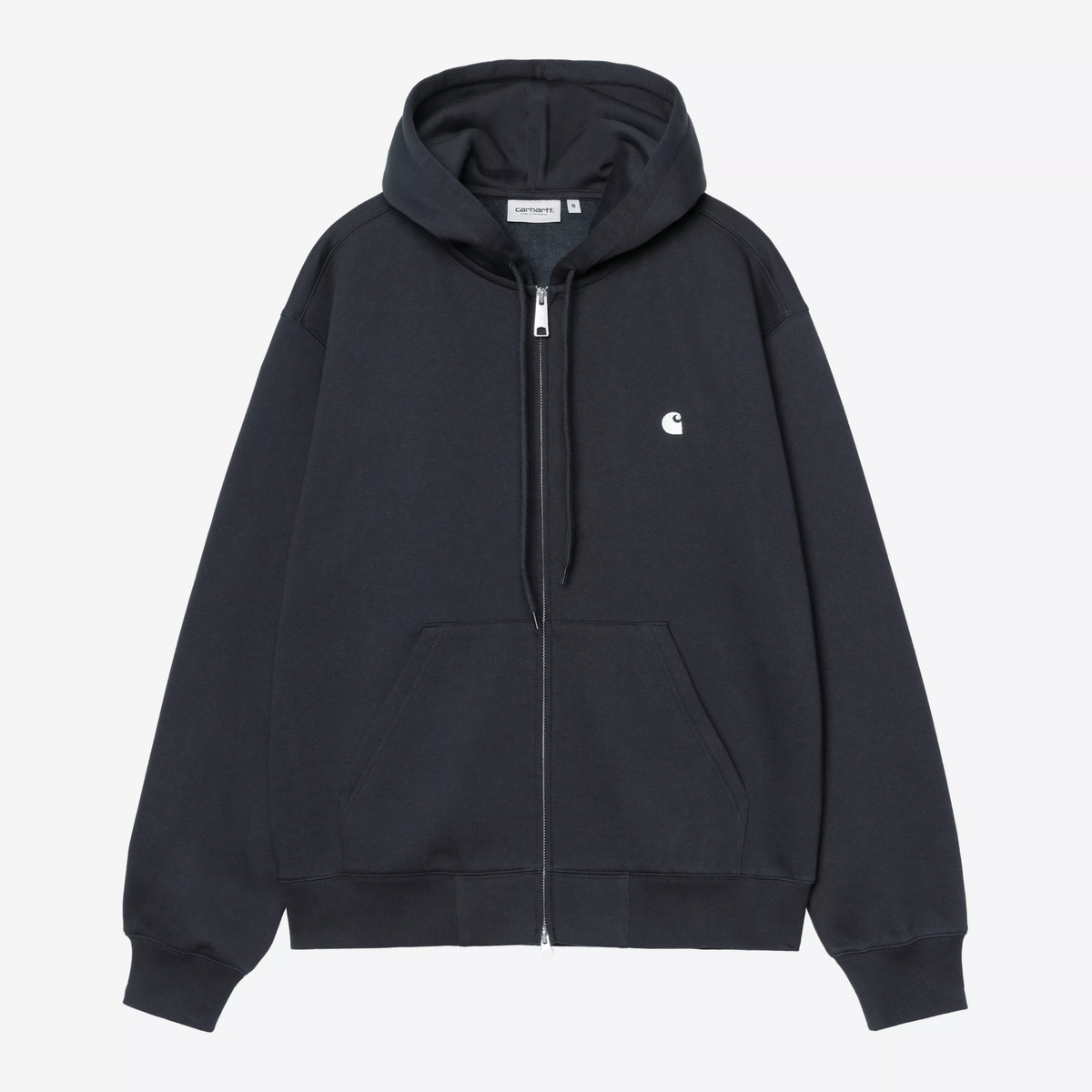 Sweat zippé à capuche Mack Carhartt WIP bleu marine à plat, zip ouvert sur la doublure grattée et logo C écru brodé