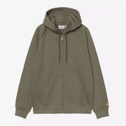 Sweat Zippé Chase Carhartt WIP Leaf à plat de face, kaki grisé, zip doré intégral et cordons ton sur ton