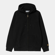 Sweat Zippé Chase Carhartt WIP Noir à plat de face, zip intégral doré, capuche à cordons et poches ventrales