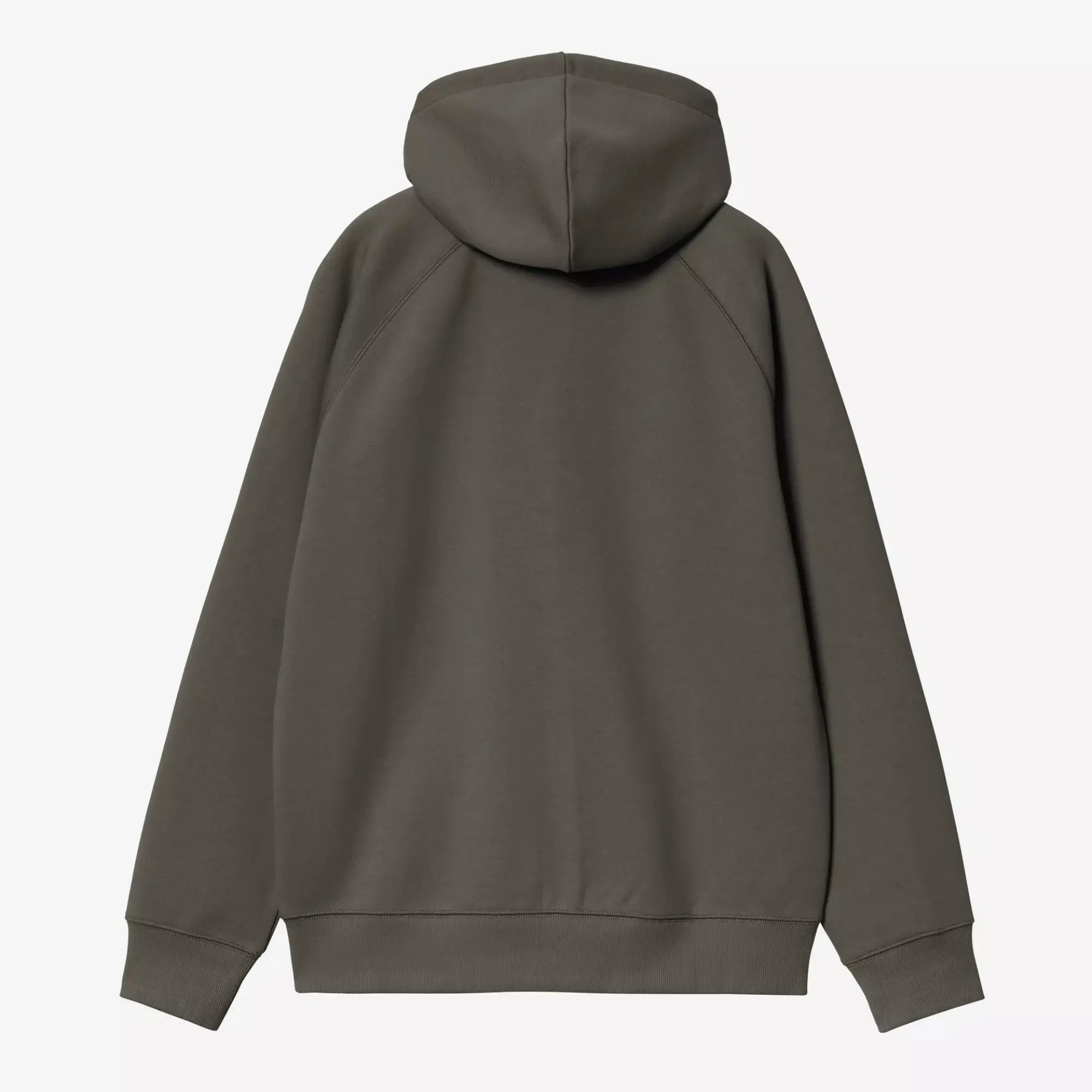 Dos du sweat zippé Chase Carhartt WIP vert olive grisé, capuche rabattue, bas et poignets côtelés