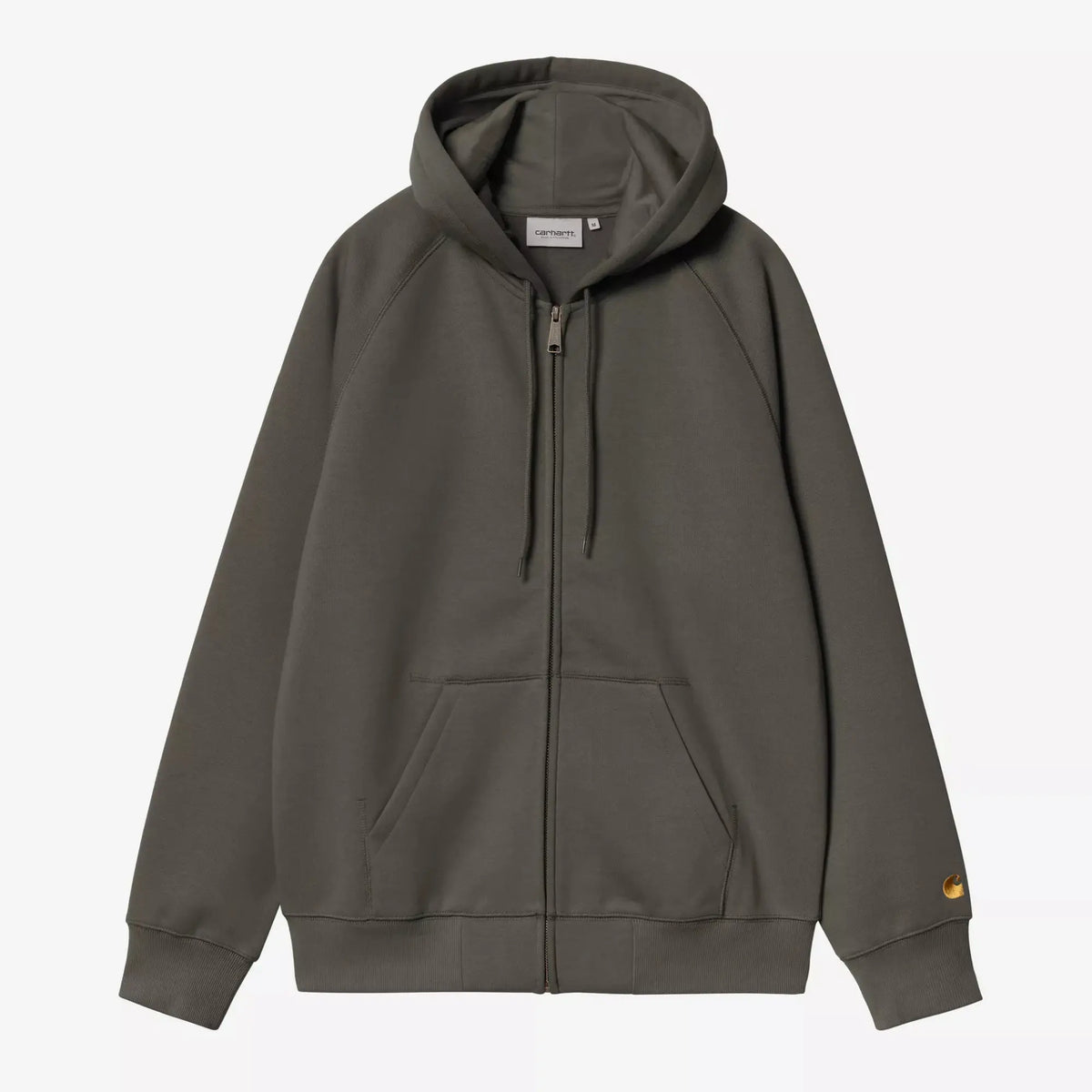 Sweat zippé à capuche Chase Carhartt WIP vert olive grisé, vue de face zip fermé et logo C doré sur la manche
