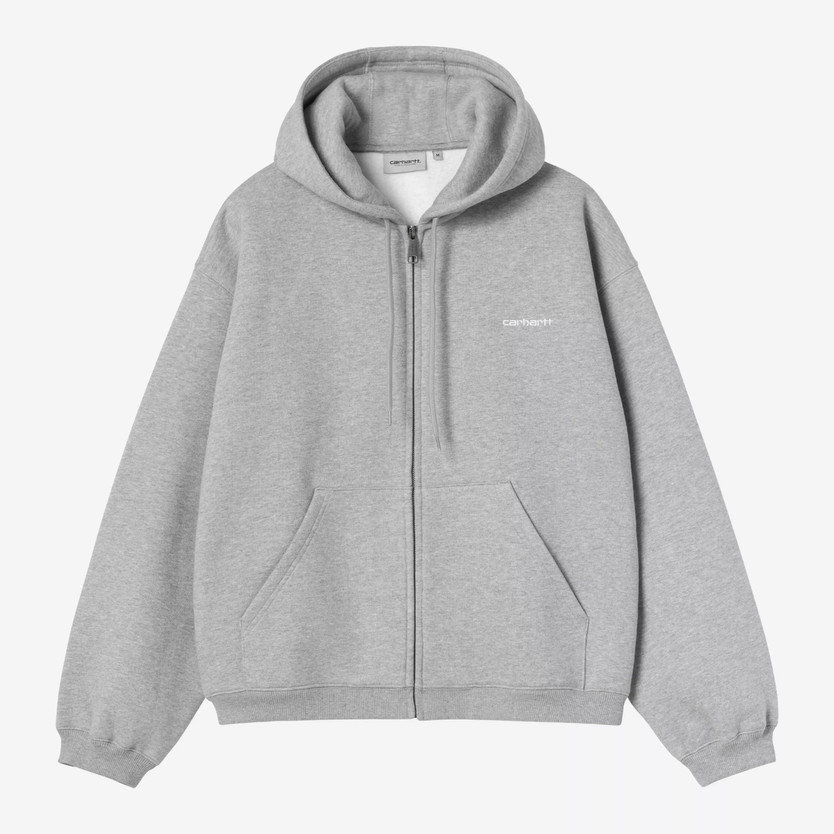 Sweat zippé Ebbert Grey Heather Carhartt WIP - vue de face à plat, Script Logo brodé blanc et curseur de zip métal