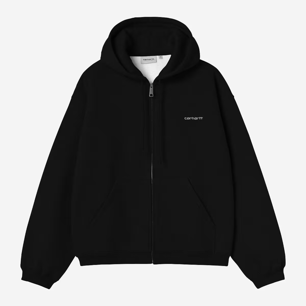 Sweat zippé Ebbert noir Carhartt WIP - vue de face à plat, zip ouvert et Script Logo brodé blanc sur la poitrine