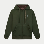 Sweat zippé Meygal kaki Faguo à plat, capuche doublée sherpa brun, cordons tressés et poches avant