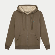 Sweat zippé Meygal marron Faguo à plat, capuche doublée sherpa écru, cordons tressés et poches avant