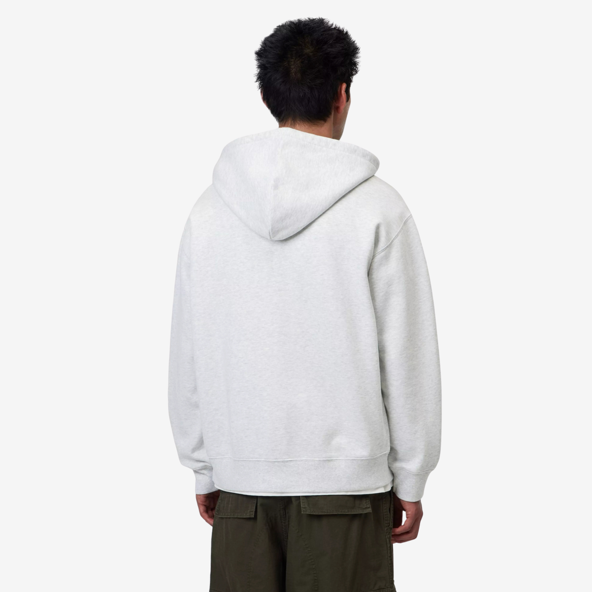 Sweat zippé Carhartt WIP Ash Heather vu de dos, coupe loose et épaules tombantes, dos gris clair chiné sans marquage
