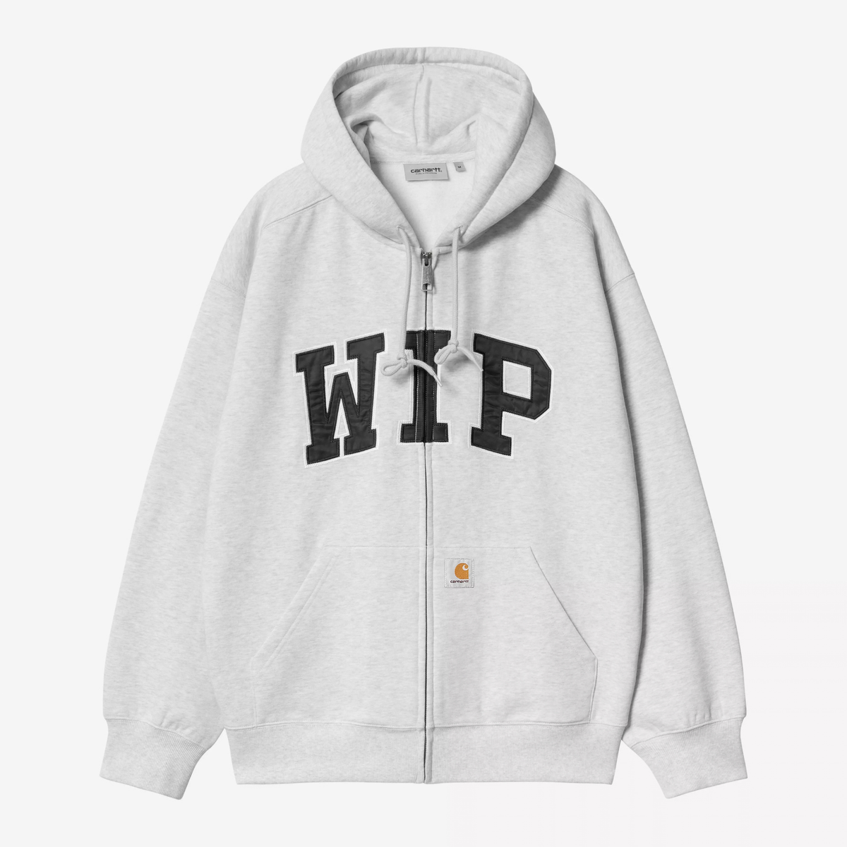 Sweat zippé à capuche Carhartt WIP Ash Heather gris clair chiné, à plat de face, lettrage WIP appliqué noir et zip intégral
