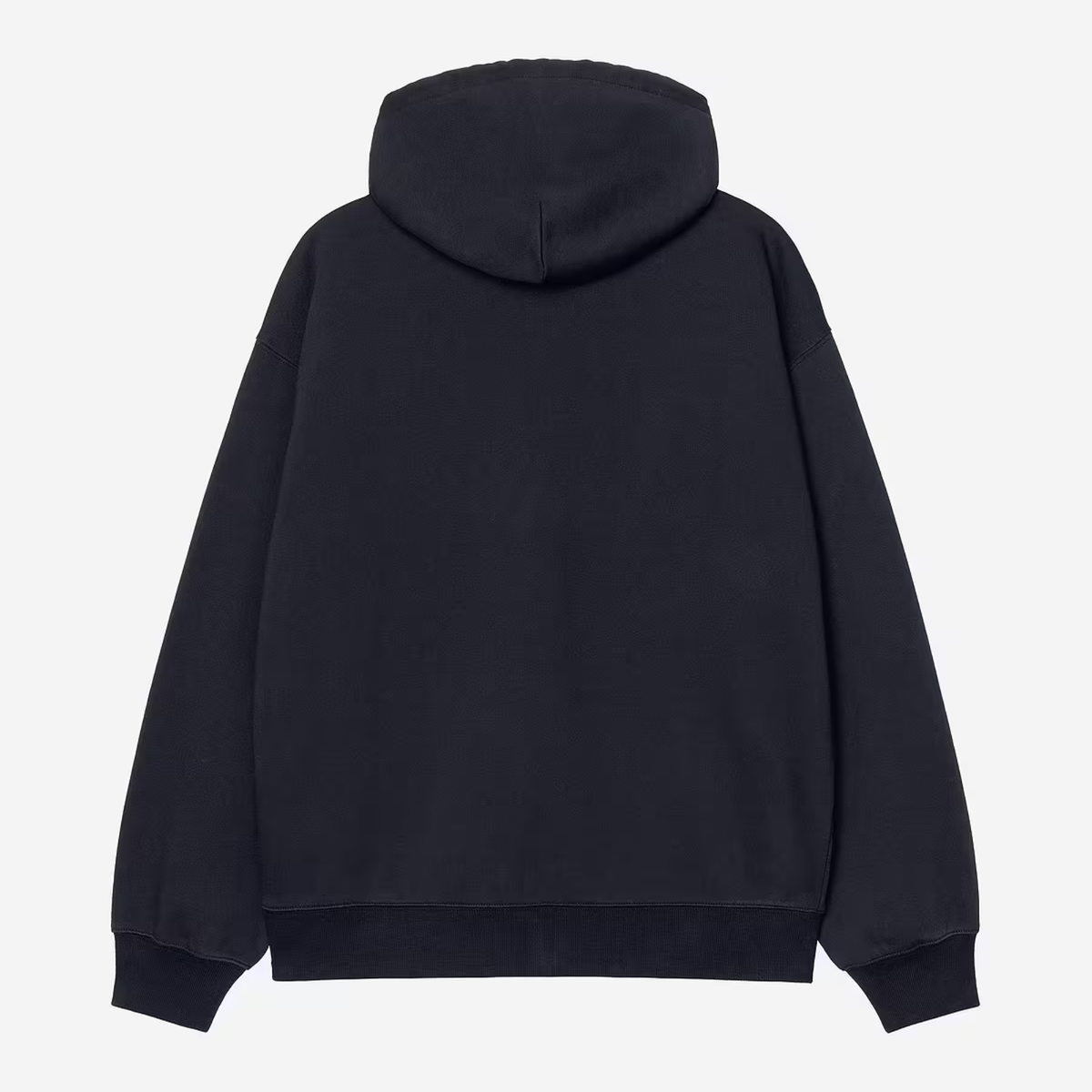 Dos à plat du sweat zippé à capuche WIP Carhartt WIP bleu marine foncé, molleton uni sans marquage, poignets et bas côtelés