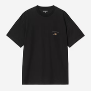 T-shirt Animated Ducks noir Carhartt WIP à plat, canard colvert brodé sous le lettrage clair arqué