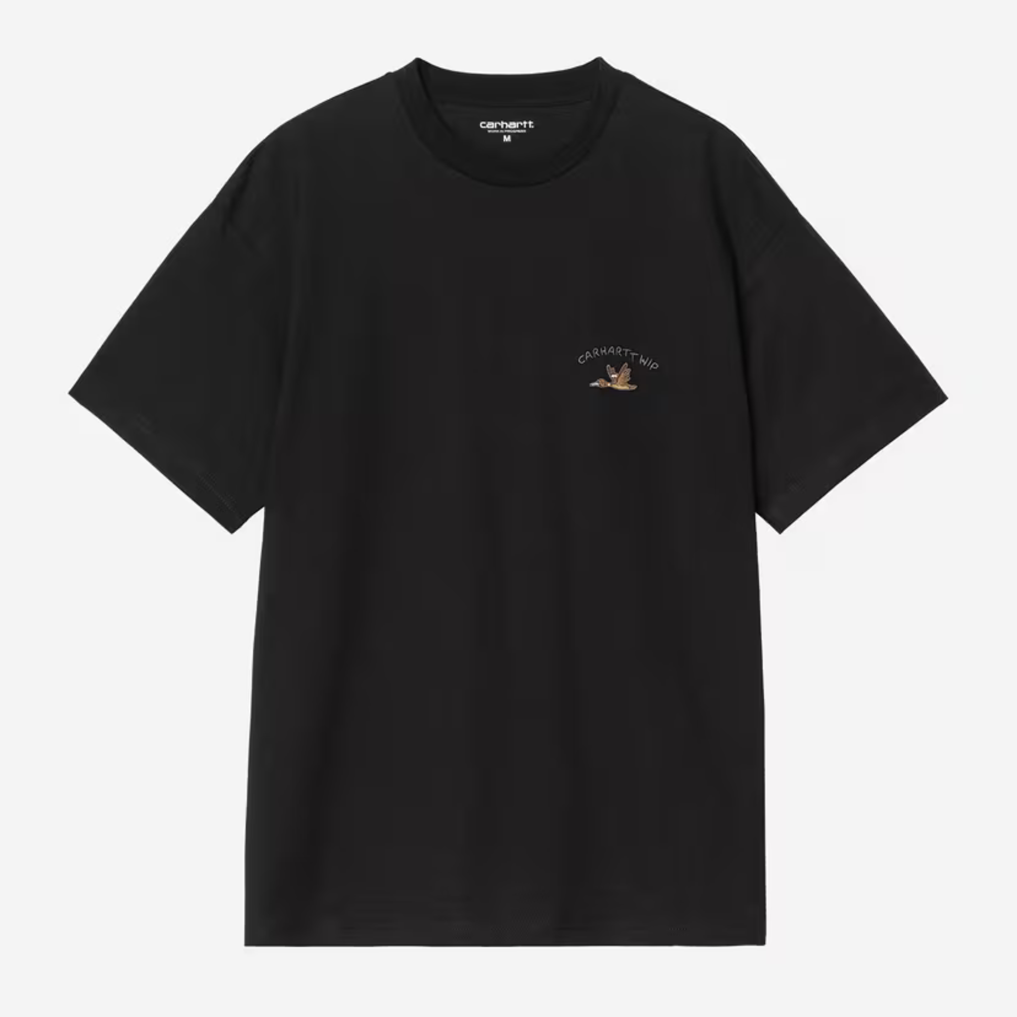 T-shirt Animated Ducks noir Carhartt WIP à plat, canard colvert brodé sous le lettrage clair arqué