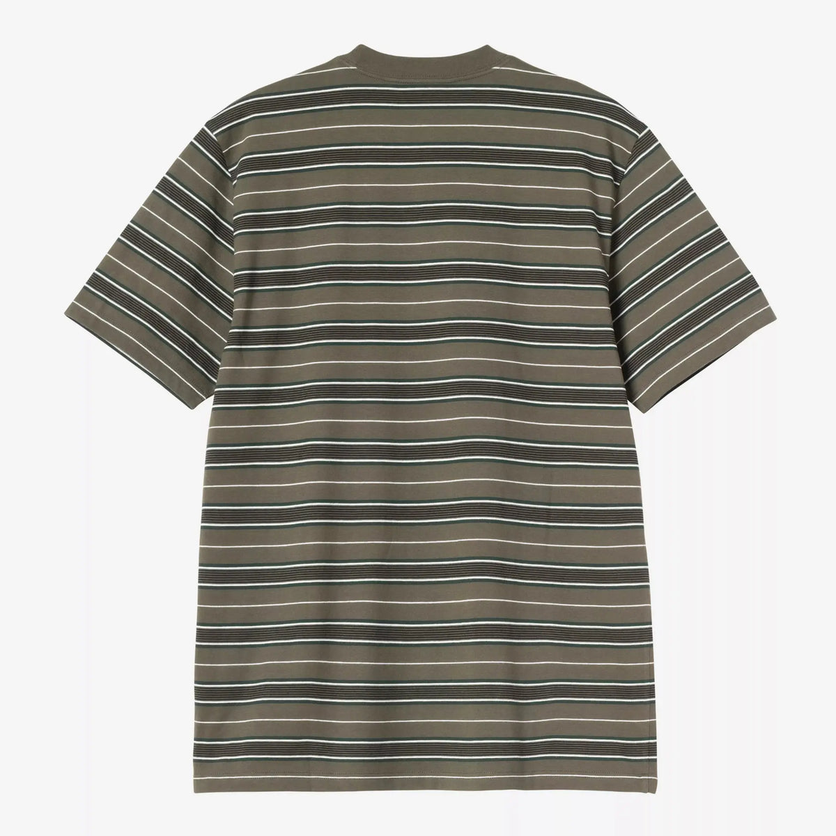 Dos du T-shirt Bronson à plat : les rayures kaki, blanc cassé et vert sapin courent jusqu'au bas des manches