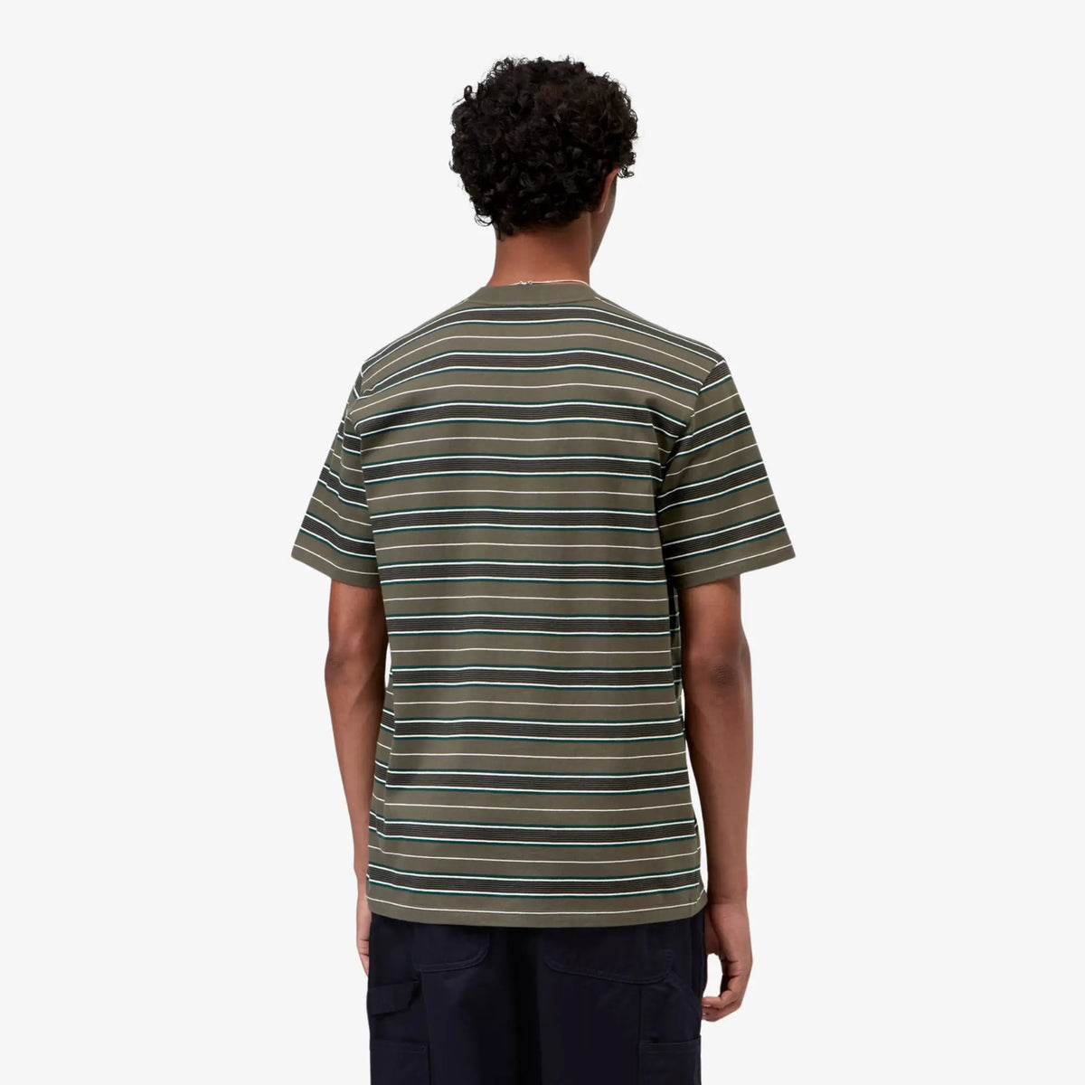 Vue de dos du T-shirt Bronson rayé kaki olive porté : dos sans marquage, rayures alignées d'une manche à l'autre