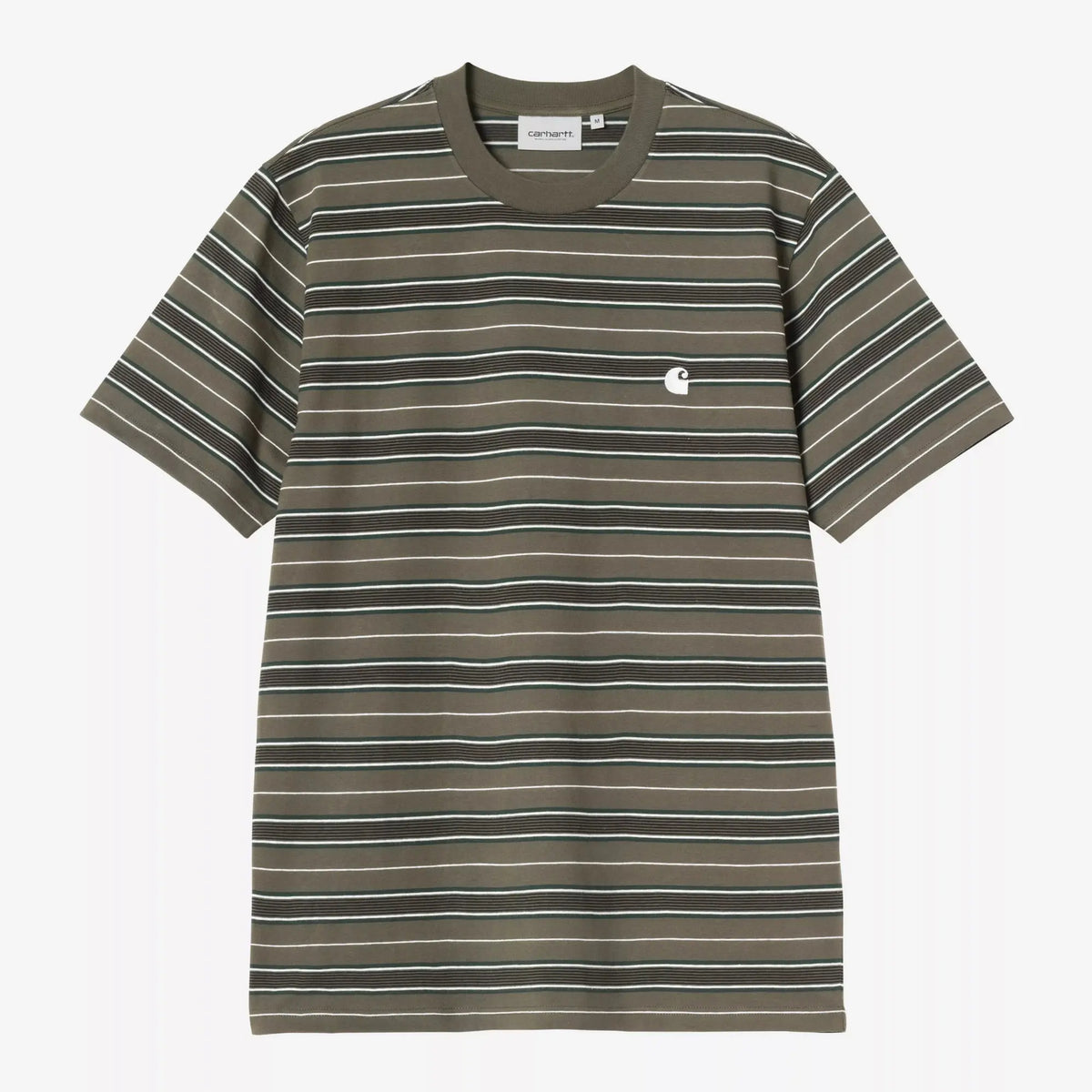 T-shirt Bronson Carhartt WIP rayé, à plat de face : filets blanc cassé et vert sapin sur fond kaki olive
