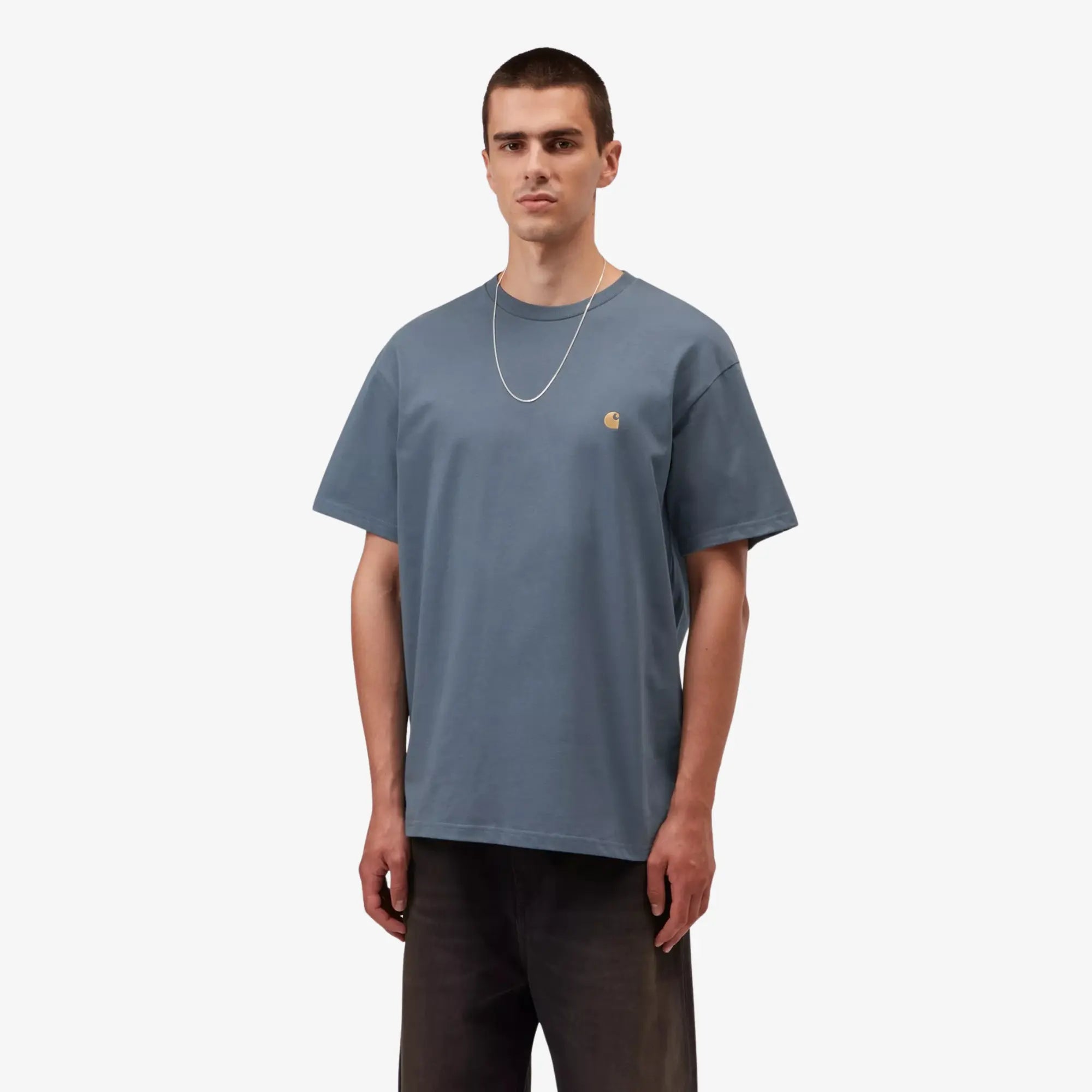 Homme portant le T-shirt Carhartt WIP Chase Icesheet bleu-gris, coupe ample vue de face