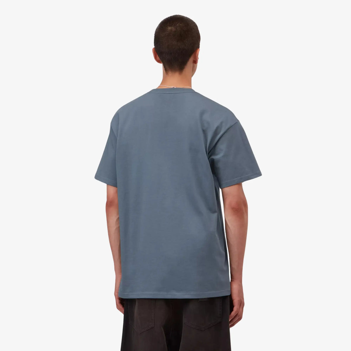 T-shirt Carhartt WIP Chase Icesheet bleu-gris porté de dos, coupe ample tombant sur les épaules
