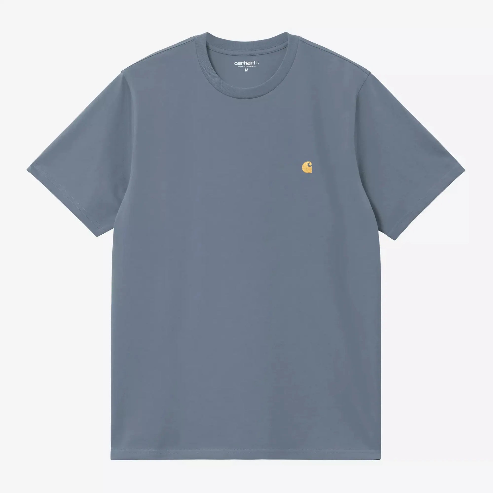 T-shirt Carhartt WIP Chase Icesheet bleu-gris, vue à plat de face, petit C brodé ocre sur la poitrine