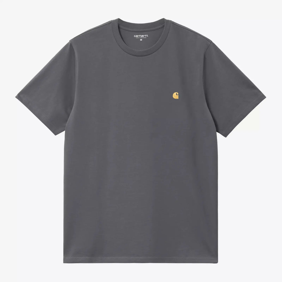 T-shirt Chase Carhartt WIP gris ardoise Styx à plat, vue avant, logo C brodé doré sur la poitrine
