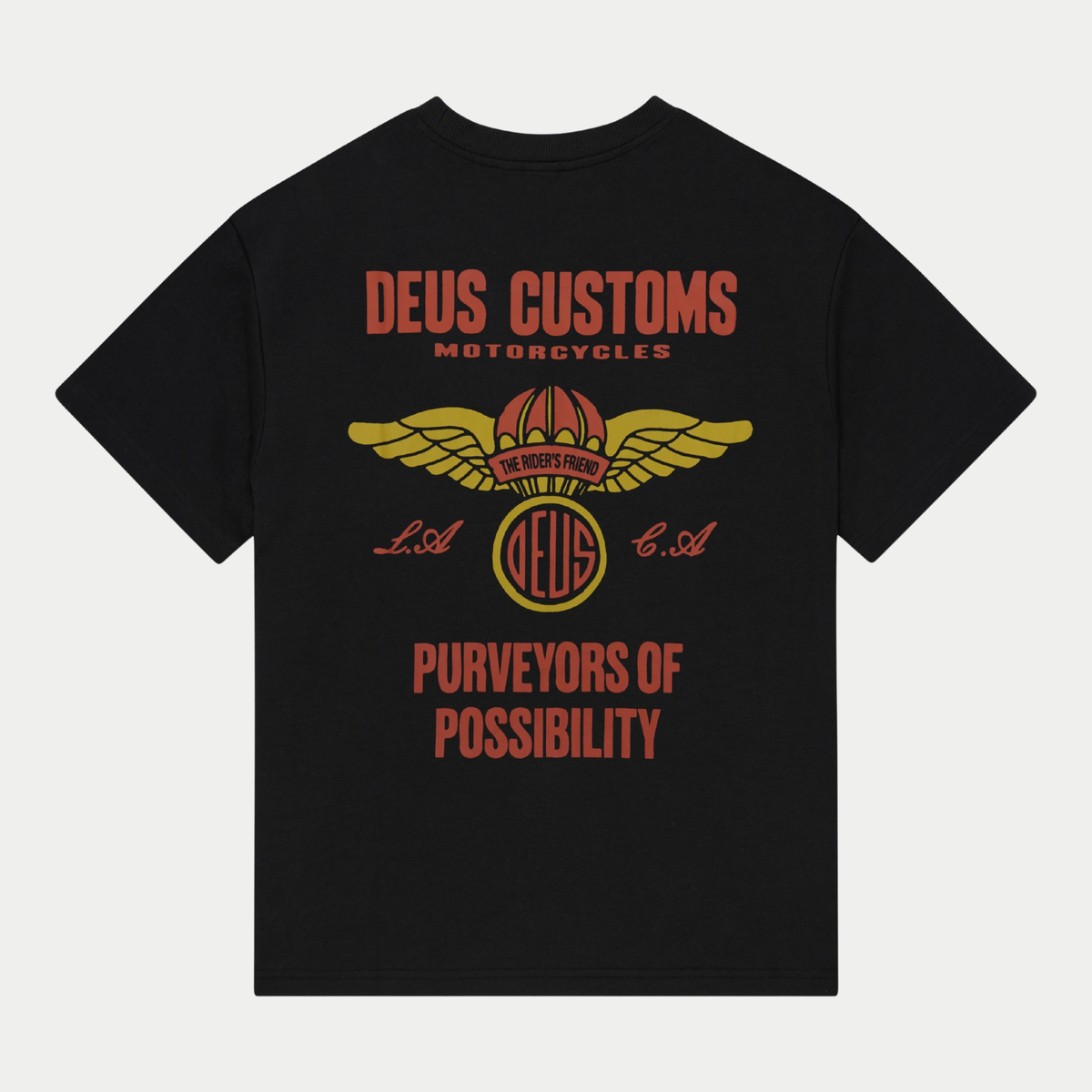 Dos du T-shirt Cutaway noir Deus Ex Machina : casque ailé The Rider's Friend et slogan Purveyors of Possibility