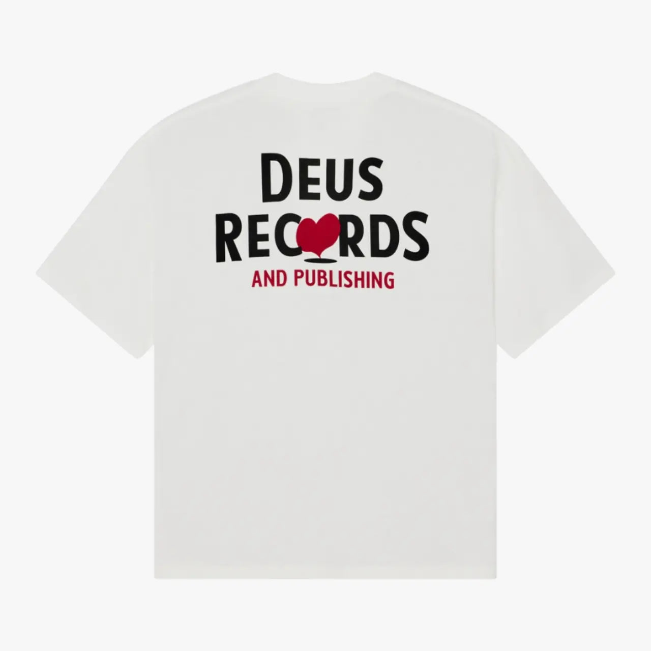 T-shirt Deep Cut blanc Deus Ex Machina, vue de dos avec le grand imprimé Deus Records and Publishing