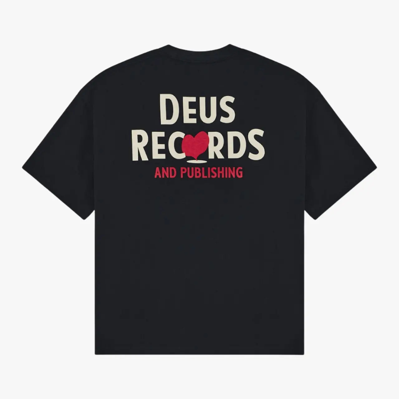 T-shirt Deep Cut noir Deus Ex Machina - vue de dos, lettrage crème DEUS RECORDS au O en cœur rouge et AND PUBLISHING en rouge